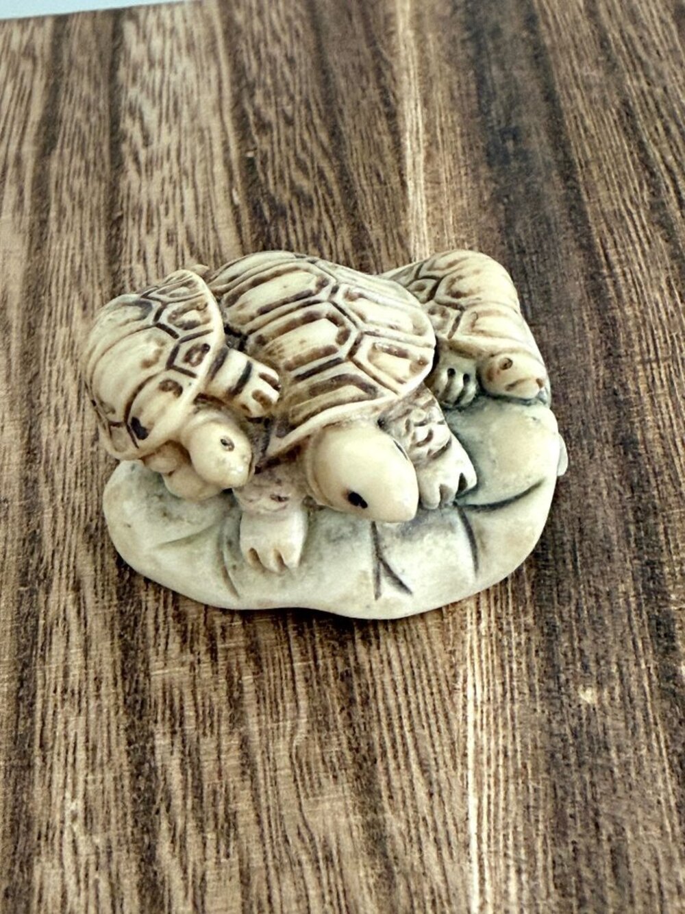 Vintage Japanese Style Turtle Netsuke Three Turtles on Lotus Leaf Figurine